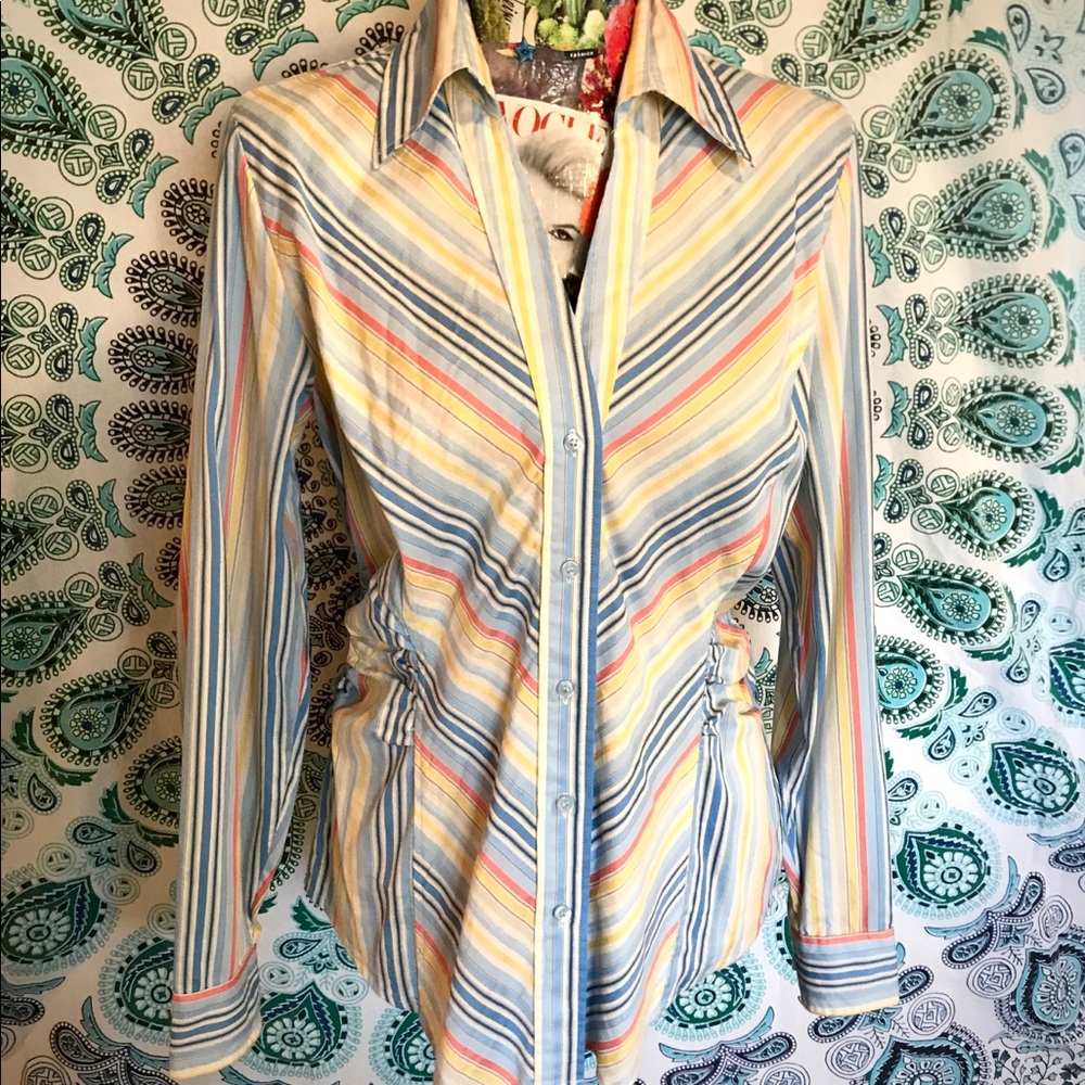 🪁Blue Yellow White Stripes V-Neck Button Down Top